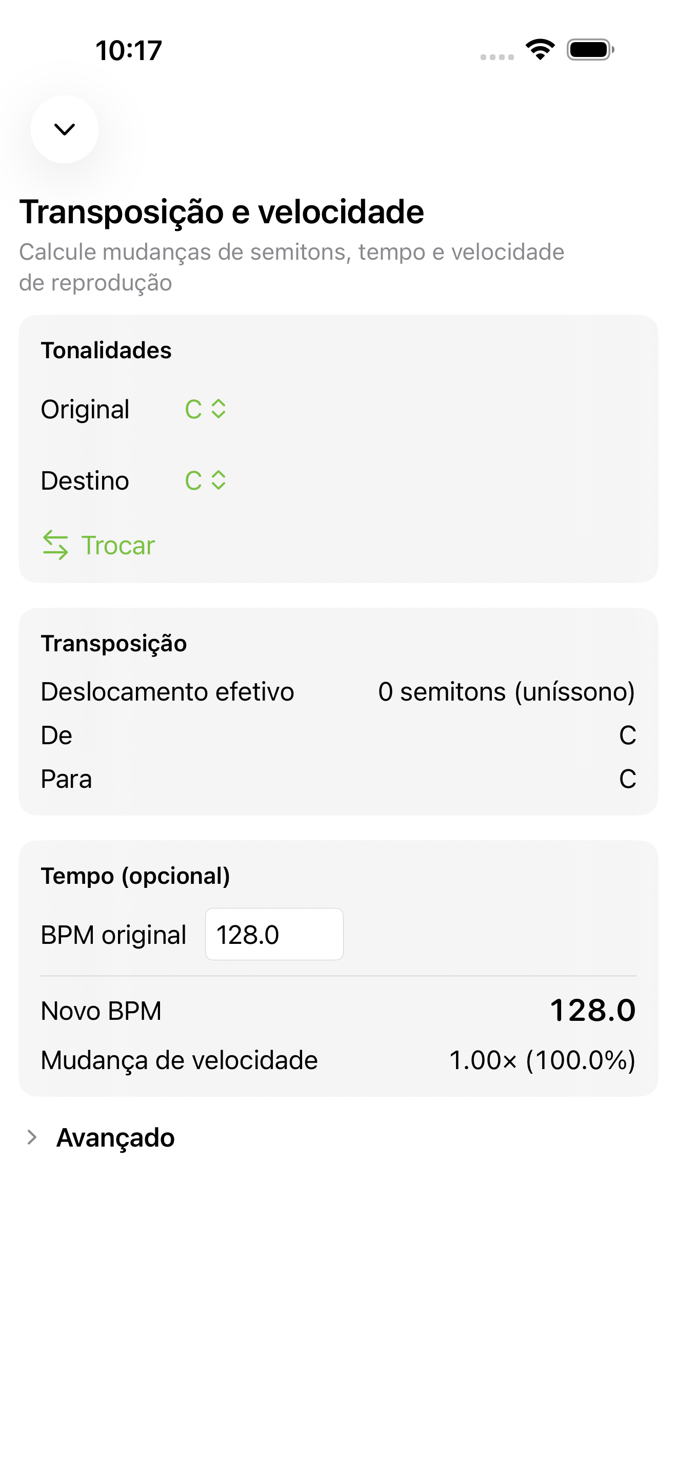 Tela Transposição e Velocidade no iPhone
